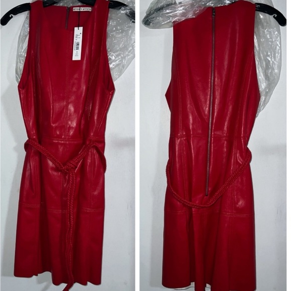 Alice + Olivia Leandra Red Vegan Leather Tie Waist Mini Dress - Picture 3 of 3